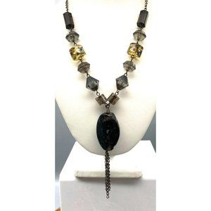 Vintage Confetti Lucite Pendant Necklace on Silver Tone Chain with Chunky Tassel